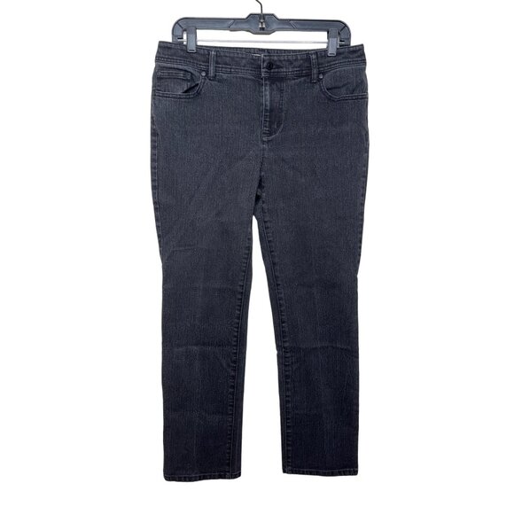 Chicos Black Straight Jeans Size 1 Short (8) Mid Rise Stretch Denim Pants - Picture 1 of 11